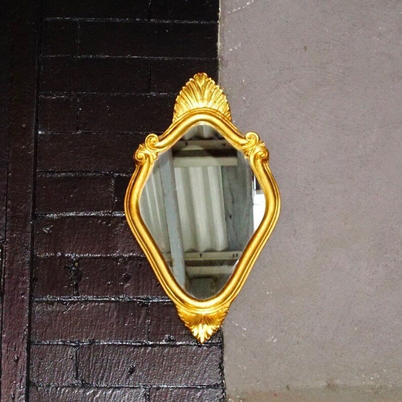 Vintage Handmade Italian Florentine Gilt Mini Mirror, Small Ornate Wood Carved Gold Leaf/Scroll Wall Mirror, Accent Mirror, 16" H x 9.5" W