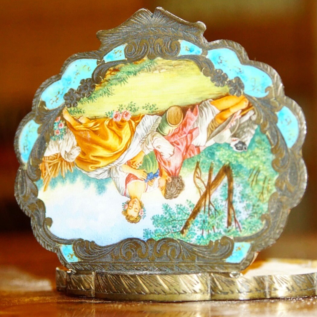 Antique Italian 800 Silver Gilt Scenic Hand-Painted Enamel Powder Compact Mirror W/ Ornate Engraved Designs, 3 3/4"
