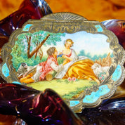 Antique Italian 800 Silver Gilt Scenic Hand-Painted Enamel Powder Compact Mirror W/ Ornate Engraved Designs, 3 3/4"