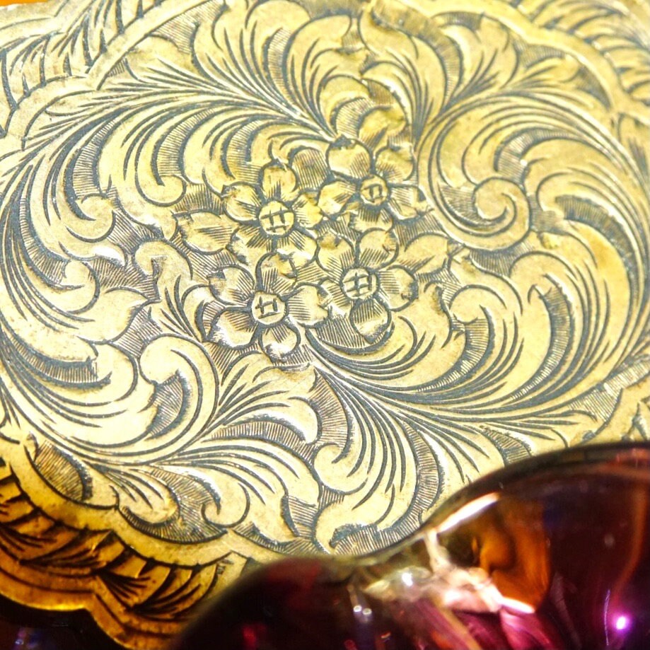 Antique Italian 800 Silver Gilt Scenic Hand-Painted Enamel Powder Compact Mirror W/ Ornate Engraved Designs, 3 3/4"