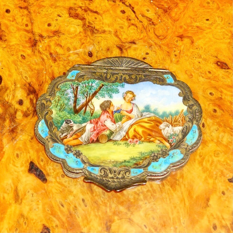 Antique Italian 800 Silver Gilt Scenic Hand-Painted Enamel Powder Compact Mirror W/ Ornate Engraved Designs, 3 3/4"