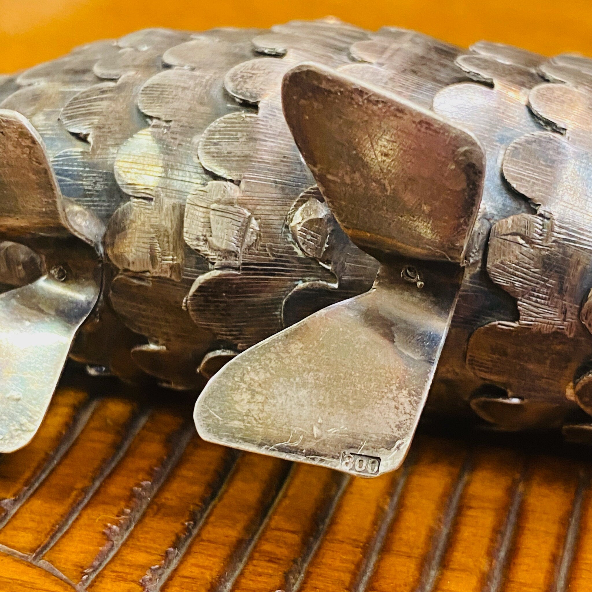 Antique Judaica 800 Silver Articulated Fish Spice Box With Red Jeweled Eyes, Large Standing Silver Spice Fish, Engraved Details, Hinge Mouth