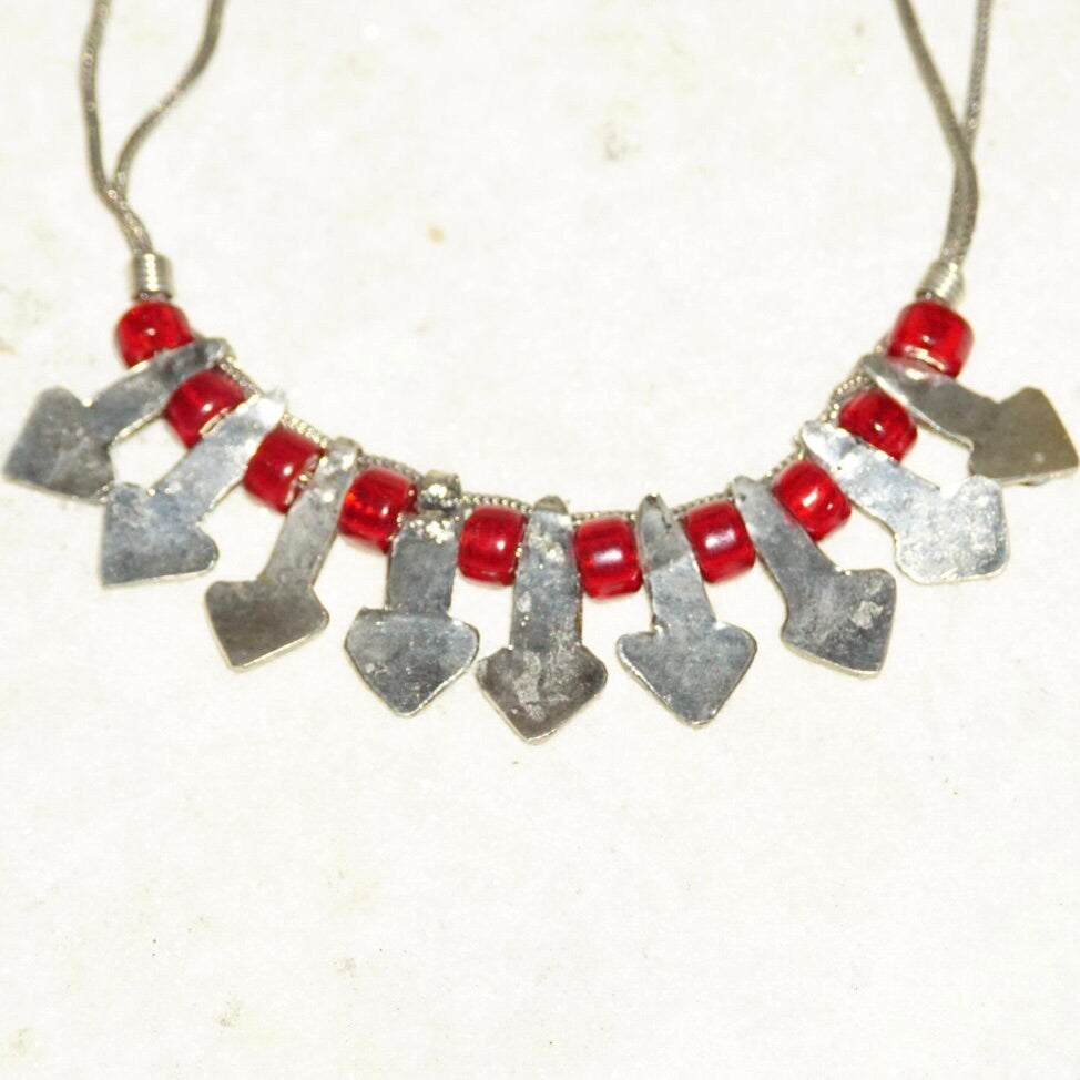 Vintage Jeweled Silver Bib Choker Necklace, Ornate Silver Arrow Pendant With Red Gems & Beads, Two-Strand Foxtail Chain, 18" Long