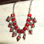 Vintage Jeweled Silver Bib Choker Necklace, Ornate Silver Arrow Pendant With Red Gems & Beads, Two-Strand Foxtail Chain, 18" Long