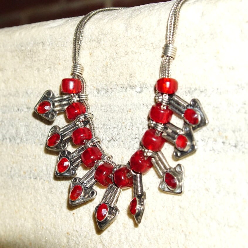 Vintage Jeweled Silver Bib Choker Necklace, Ornate Silver Arrow Pendant With Red Gems & Beads, Two-Strand Foxtail Chain, 18" Long