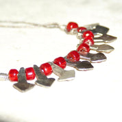 Vintage Jeweled Silver Bib Choker Necklace, Ornate Silver Arrow Pendant With Red Gems & Beads, Two-Strand Foxtail Chain, 18" Long