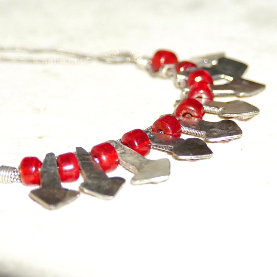 Vintage Jeweled Silver Bib Choker Necklace, Ornate Silver Arrow Pendant With Red Gems & Beads, Two-Strand Foxtail Chain, 18" Long
