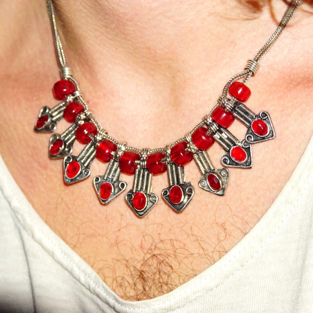 Vintage Jeweled Silver Bib Choker Necklace, Ornate Silver Arrow Pendant With Red Gems & Beads, Two-Strand Foxtail Chain, 18" Long