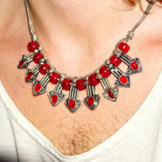 Vintage Jeweled Silver Bib Choker Necklace, Ornate Silver Arrow Pendant With Red Gems & Beads, Two-Strand Foxtail Chain, 18" Long