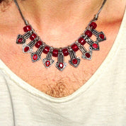 Vintage Jeweled Silver Bib Choker Necklace, Ornate Silver Arrow Pendant With Red Gems & Beads, Two-Strand Foxtail Chain, 18" Long