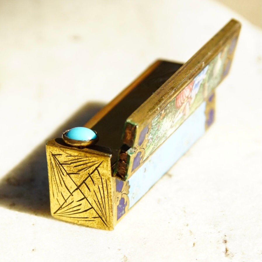 Antique Italian 800 Silver Gilt Enamel Hand Painted Engraved Lipstick Case With Small Mirror, Musical Maidens In Garden, Light Blue Enamel