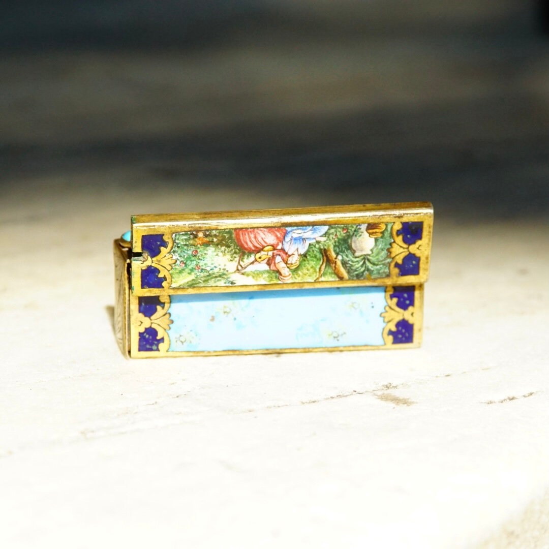 Antique Italian 800 Silver Gilt Enamel Hand Painted Engraved Lipstick Case With Small Mirror, Musical Maidens In Garden, Light Blue Enamel