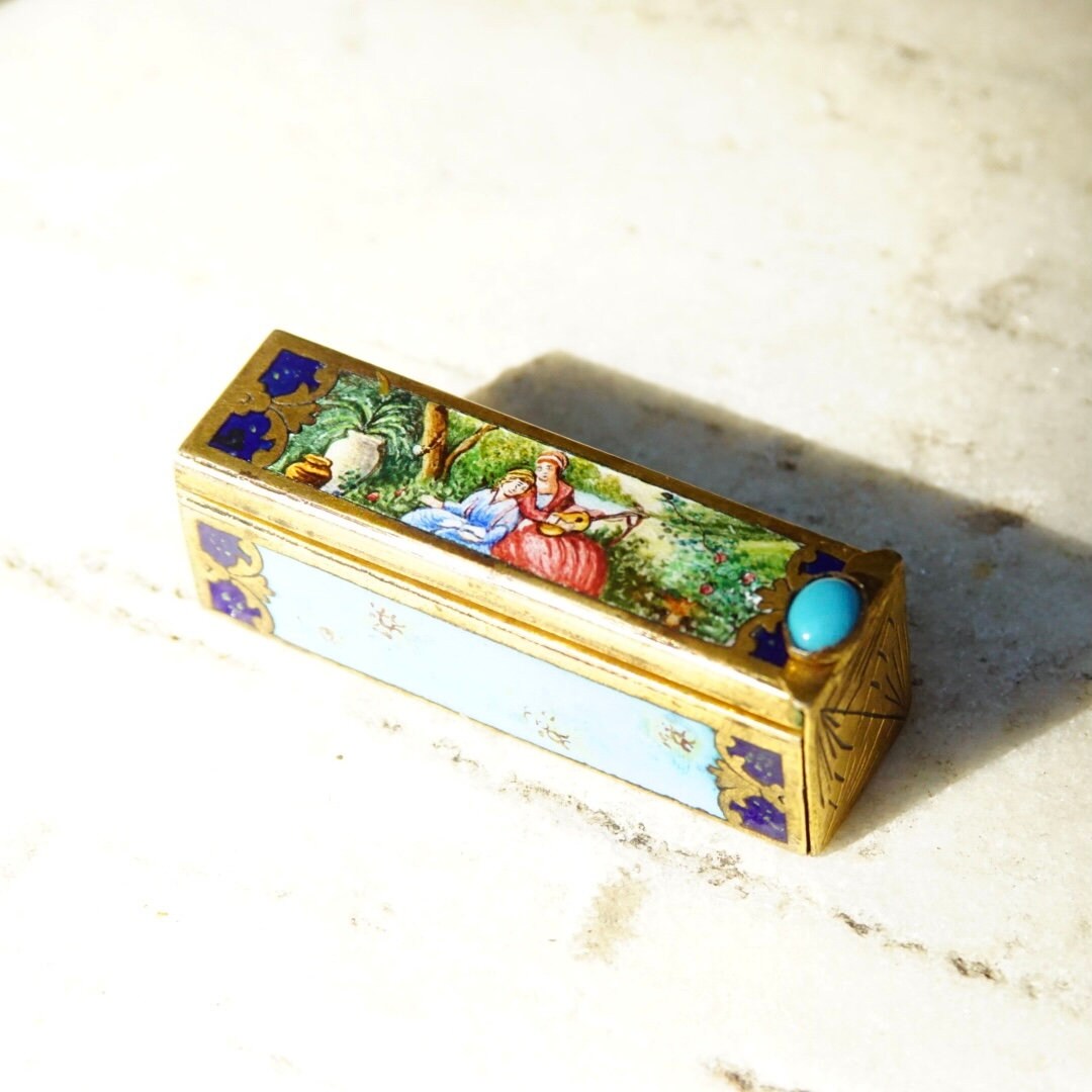Antique Italian 800 Silver Gilt Enamel Hand Painted Engraved Lipstick Case With Small Mirror, Musical Maidens In Garden, Light Blue Enamel