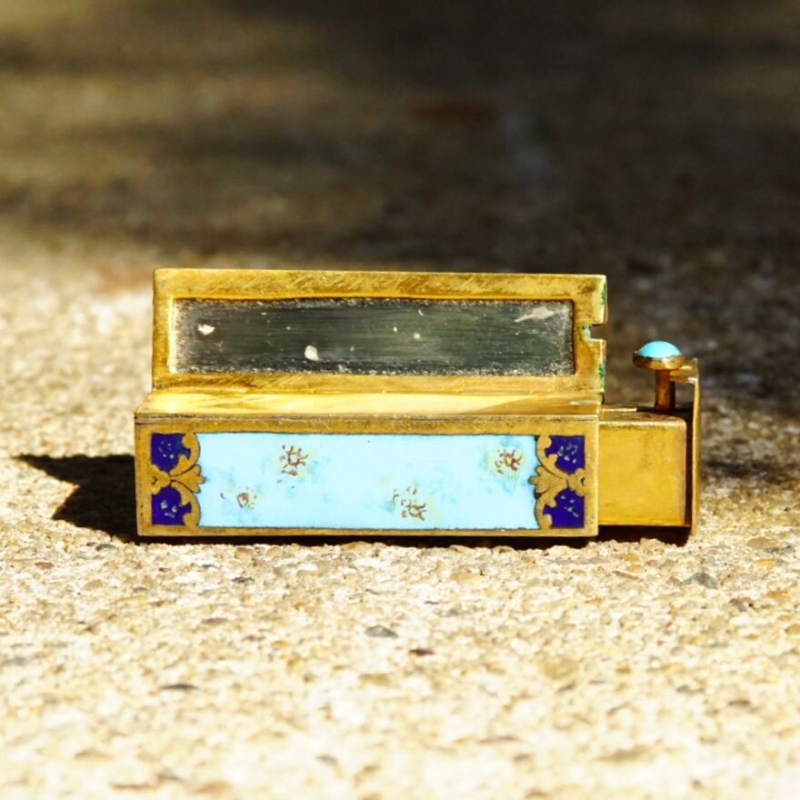 Antique Italian 800 Silver Gilt Enamel Hand Painted Engraved Lipstick Case With Small Mirror, Musical Maidens In Garden, Light Blue Enamel