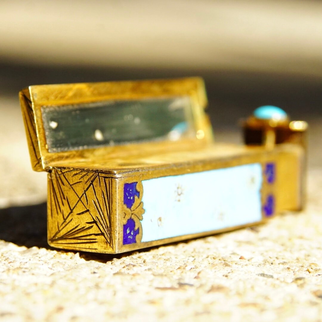 Antique Italian 800 Silver Gilt Enamel Hand Painted Engraved Lipstick Case With Small Mirror, Musical Maidens In Garden, Light Blue Enamel
