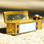 Antique Italian 800 Silver Gilt Enamel Hand Painted Engraved Lipstick Case With Small Mirror, Musical Maidens In Garden, Light Blue Enamel