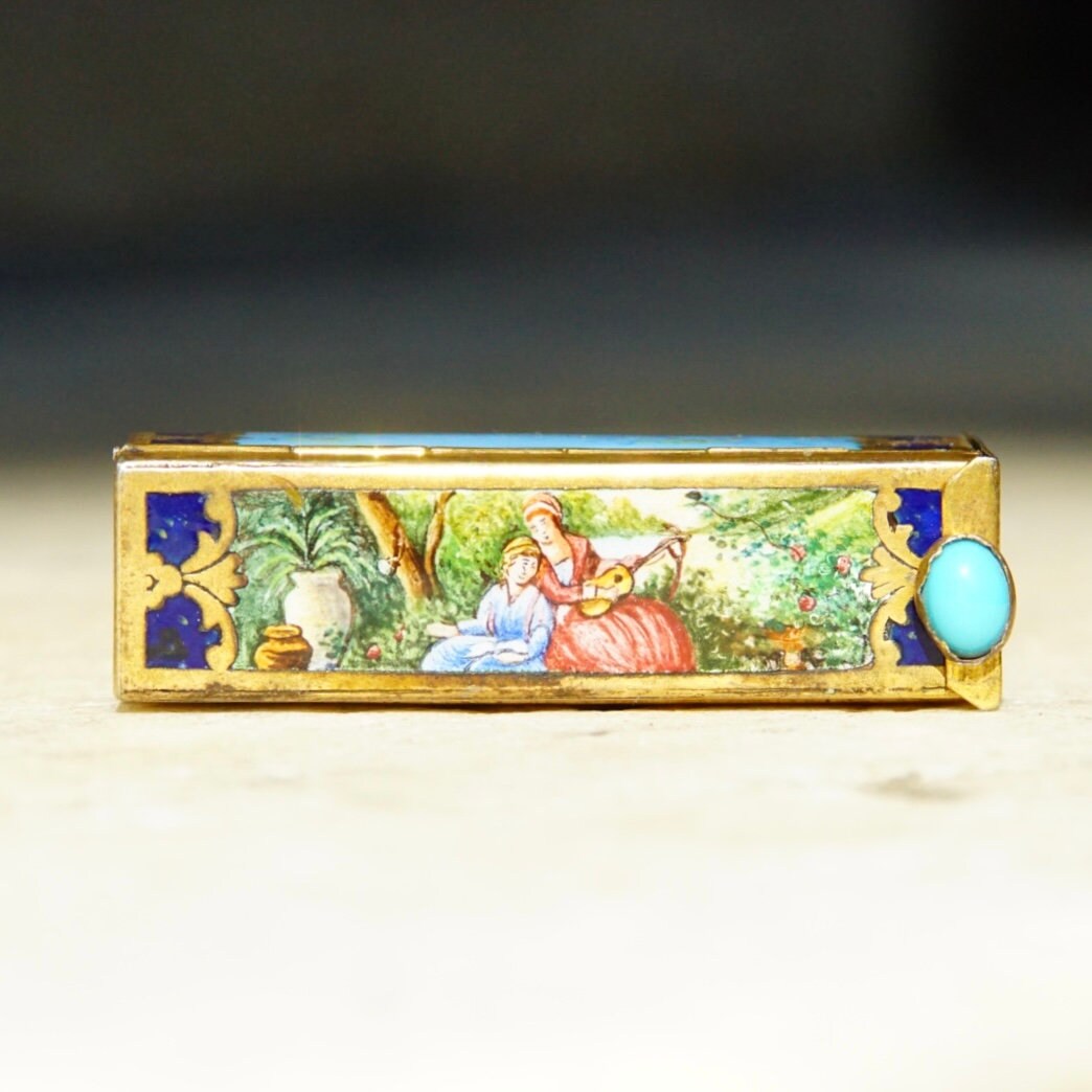 Antique Italian 800 Silver Gilt Enamel Hand Painted Engraved Lipstick Case With Small Mirror, Musical Maidens In Garden, Light Blue Enamel