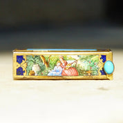 Antique Italian 800 Silver Gilt Enamel Hand Painted Engraved Lipstick Case With Small Mirror, Musical Maidens In Garden, Light Blue Enamel