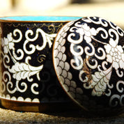 Vintage Chinese Cloisonne Enamel Round Brass Box With Lid, Antique Tea Caddy, Black & White Floral Designs, Blue Enameling, Gold Trim