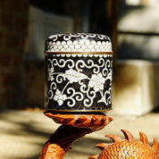 Vintage Chinese Cloisonne Enamel Round Brass Box With Lid, Antique Tea Caddy, Black & White Floral Designs, Blue Enameling, Gold Trim