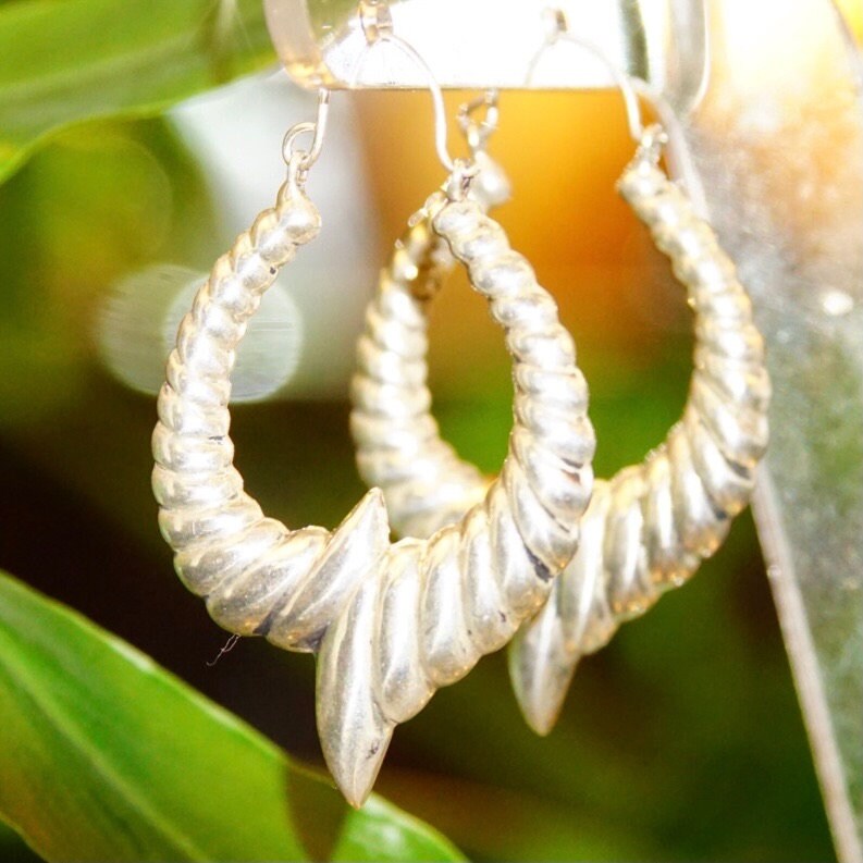Vintage Sterling Silver Repousse Hoop Earrings, Rippled Hollow U-Shape Dangle Earrings, Ornate Silver Huggie Hoops With Accent Flare, 2" L