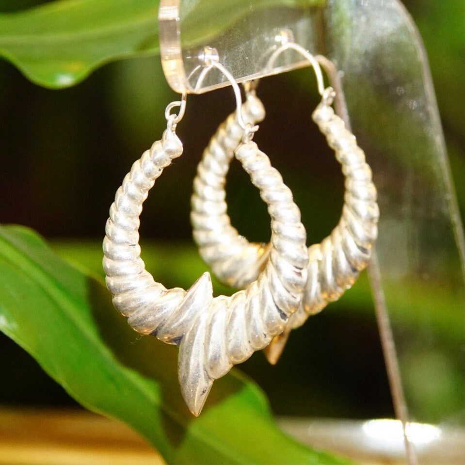 Vintage Sterling Silver Repousse Hoop Earrings, Rippled Hollow U-Shape Dangle Earrings, Ornate Silver Huggie Hoops With Accent Flare, 2" L