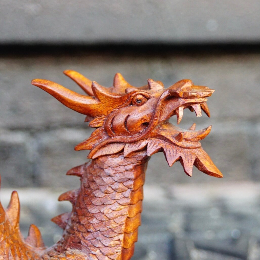 Vintage Signed Hand Carved Wood Dragon Sculpture, Incredibly Detailed Carved Wood Statue, Japenese/Chinese Crawling Dragon, 10" L x 5 1/2" H