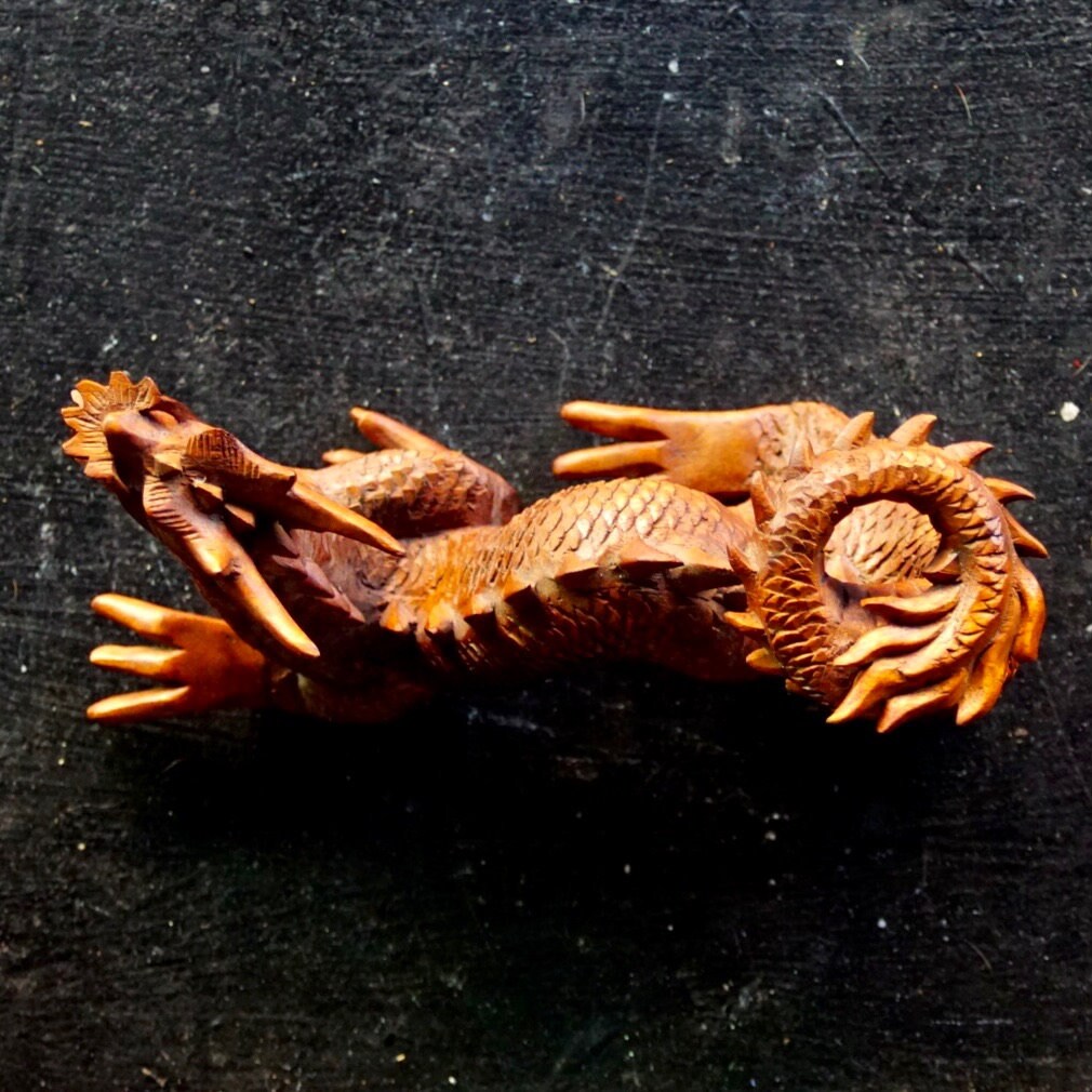 Vintage Signed Hand Carved Wood Dragon Sculpture, Incredibly Detailed Carved Wood Statue, Japenese/Chinese Crawling Dragon, 10" L x 5 1/2" H