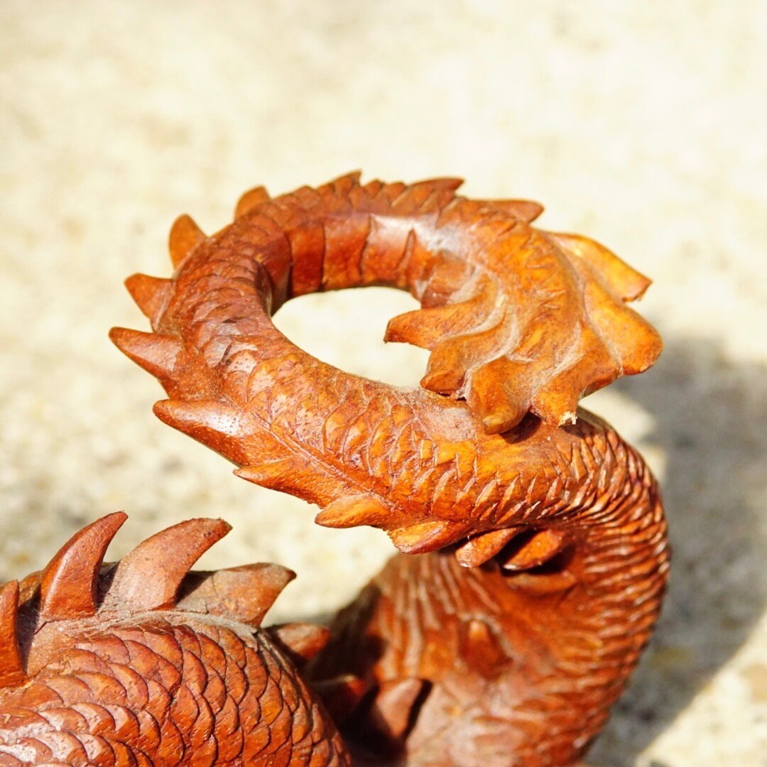 Vintage Signed Hand Carved Wood Dragon Sculpture, Incredibly Detailed Carved Wood Statue, Japenese/Chinese Crawling Dragon, 10" L x 5 1/2" H