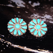 Vintage Zuni Native American Turquoise Sterling Silver Flower Cluster Earrings, Petite Point Turquoise In Jagged Bezel Setting, 2 1/8"