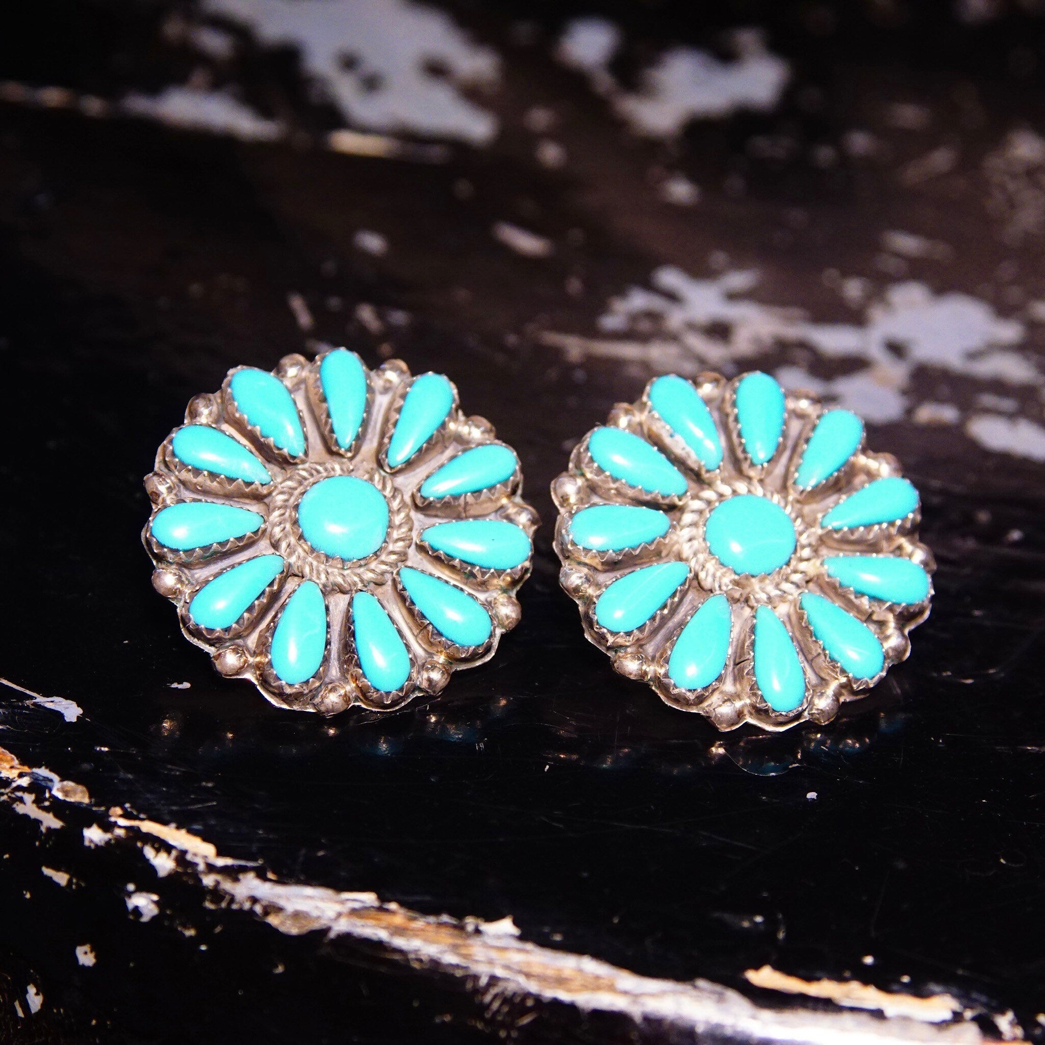 Vintage Zuni Native American Turquoise Sterling Silver Flower Cluster Earrings, Petite Point Turquoise In Jagged Bezel Setting, 2 1/8"