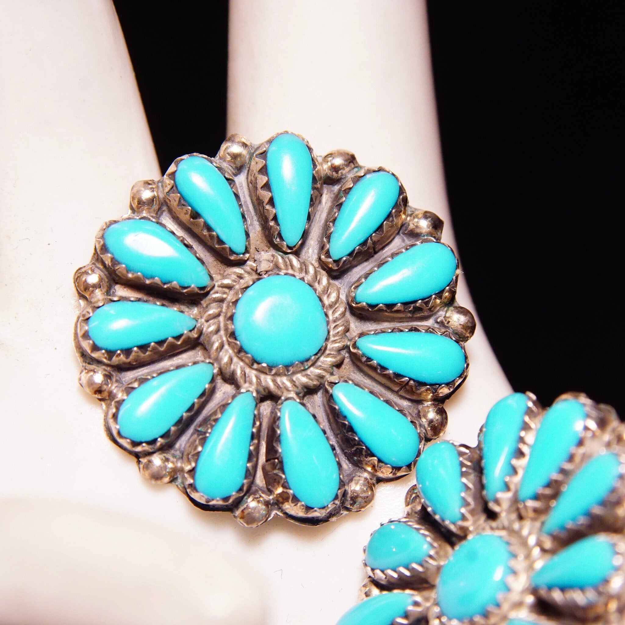Vintage Zuni Native American Turquoise Sterling Silver Flower Cluster Earrings, Petite Point Turquoise In Jagged Bezel Setting, 2 1/8"