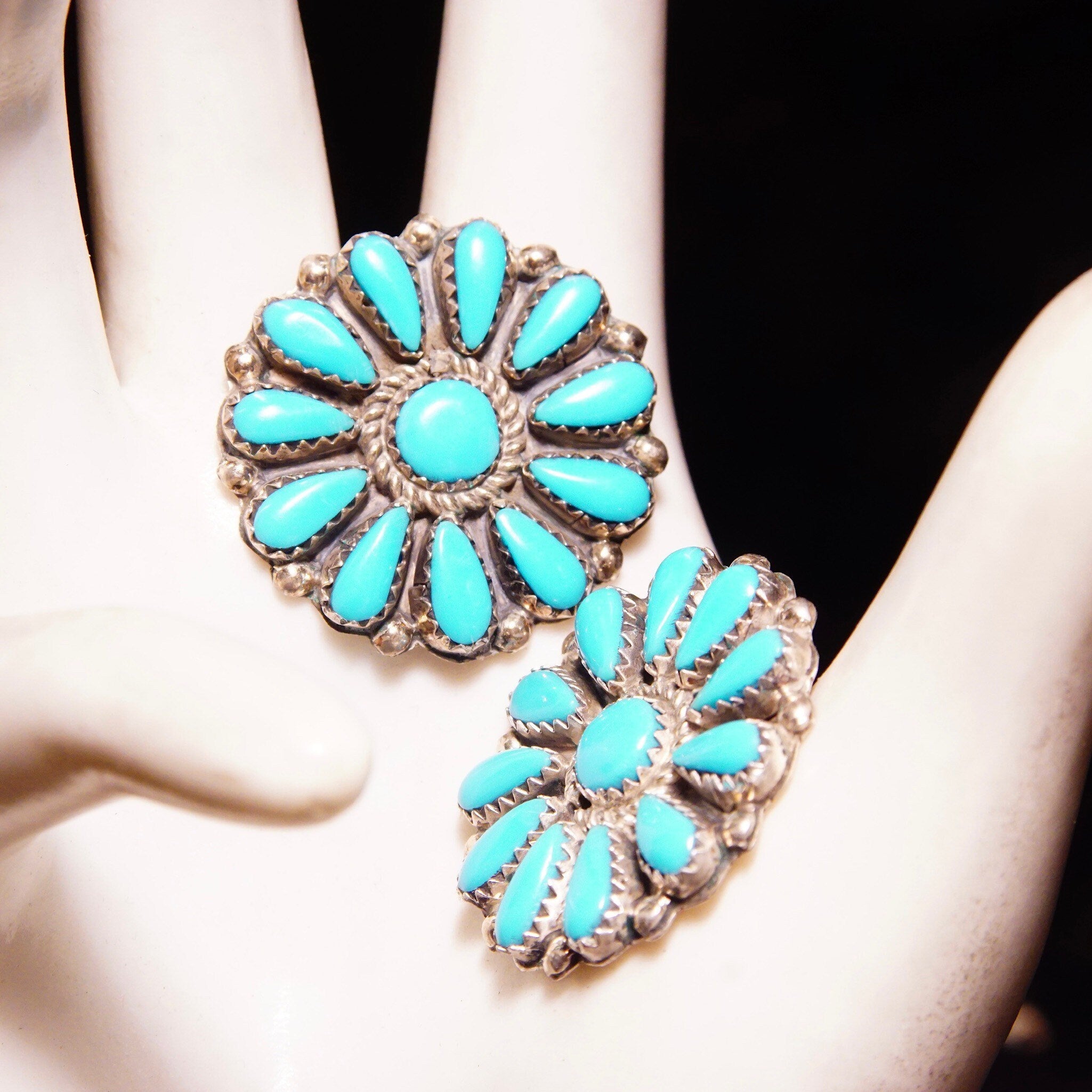 Vintage Zuni Native American Turquoise Sterling Silver Flower Cluster Earrings, Petite Point Turquoise In Jagged Bezel Setting, 2 1/8"
