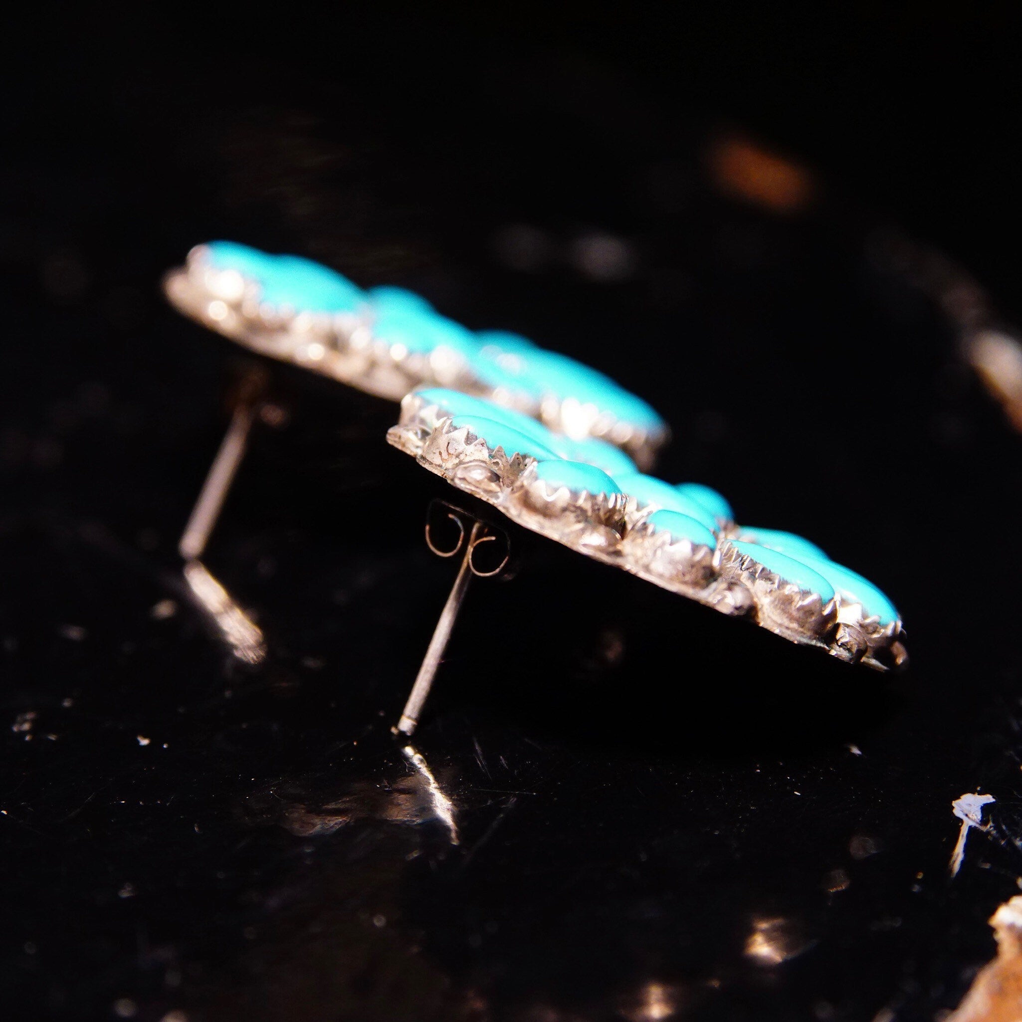 Vintage Zuni Native American Turquoise Sterling Silver Flower Cluster Earrings, Petite Point Turquoise In Jagged Bezel Setting, 2 1/8"
