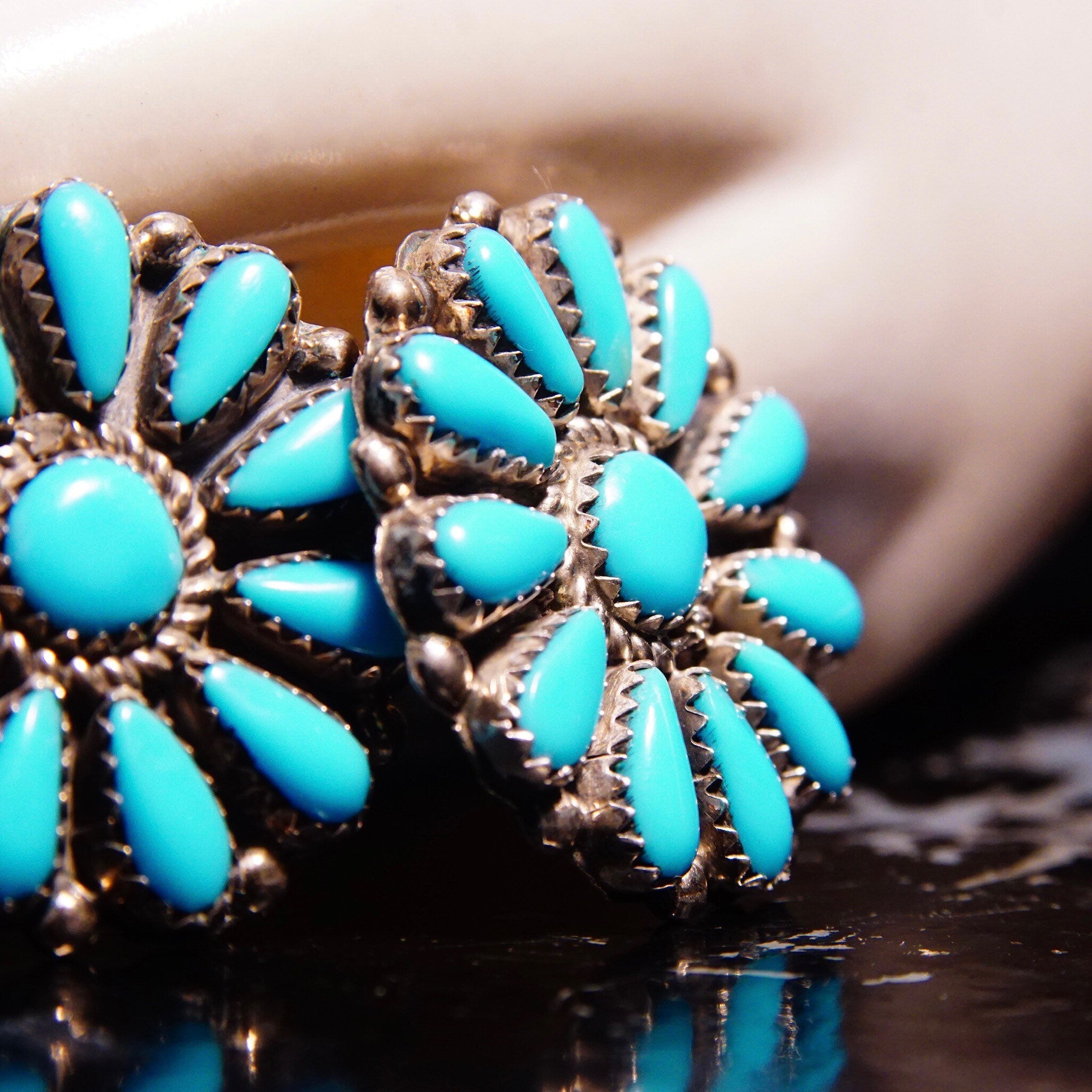 Vintage Zuni Native American Turquoise Sterling Silver Flower Cluster Earrings, Petite Point Turquoise In Jagged Bezel Setting, 2 1/8"