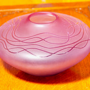 Vintage Signed Decorative Purple/Pink Frosted Glass Bud Vase, Art Nouveau Style, Short & Wide, Round Centerpiece Vase, 5" H x 8 3/4" W
