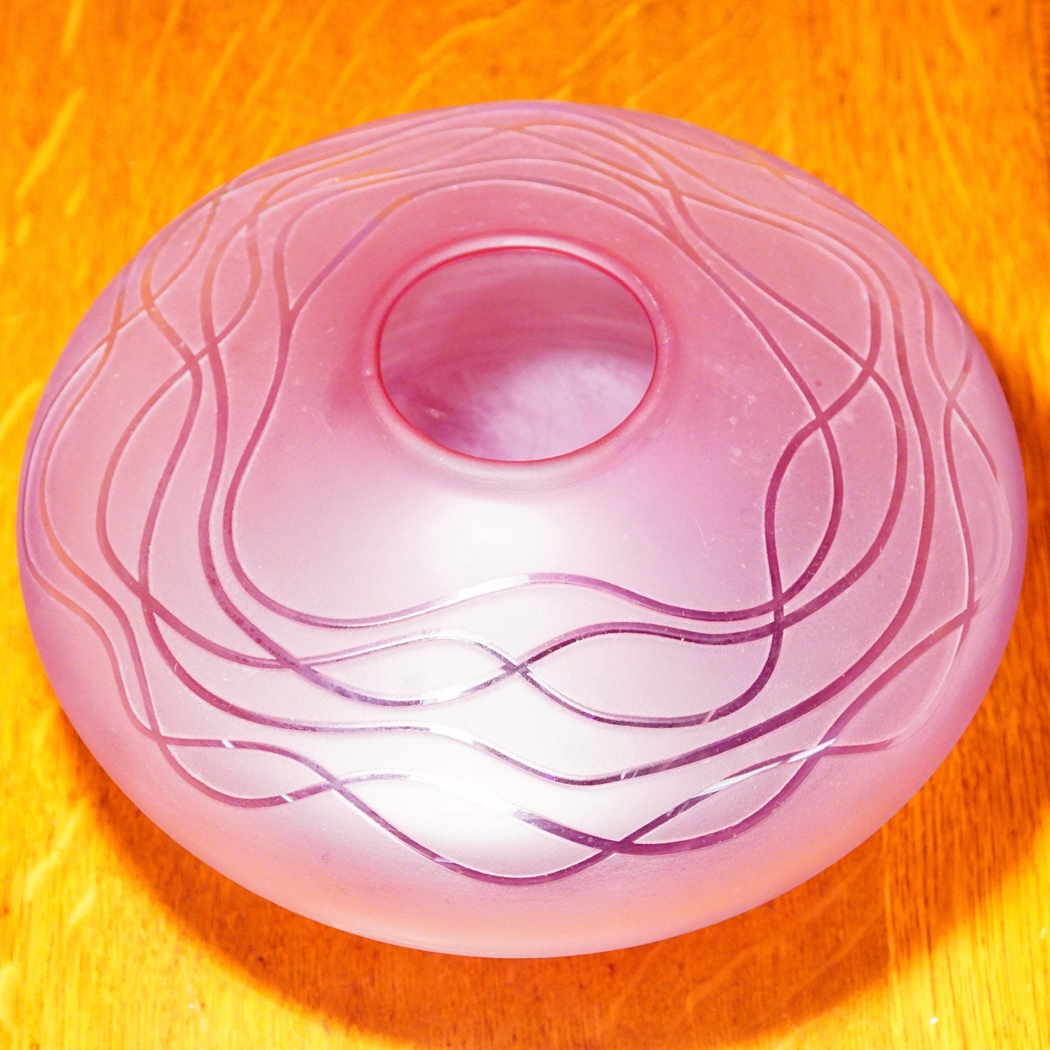 Vintage Signed Decorative Purple/Pink Frosted Glass Bud Vase, Art Nouveau Style, Short & Wide, Round Centerpiece Vase, 5" H x 8 3/4" W