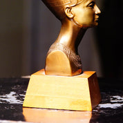 Vintage Egyptian Nefertiti Lacquered Brass Bust On Wood Base, Miniature Brass Figure Statue, Decorative Egyptian Tabletop Ornament, 5 1/2" H