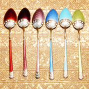 Antique art deco sterling silver guilloche enamel demitasse spoon set of 6 in red, pink, purple, green and blue colors with decorative floral pattern handles, Scandinavian origin, marked 930S.