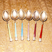 Antique art deco sterling silver demitasse spoons with colorful guilloche enamel handles in red, teal, and white, marked 930S, set of 6 decorative Scandinavian tea spoons