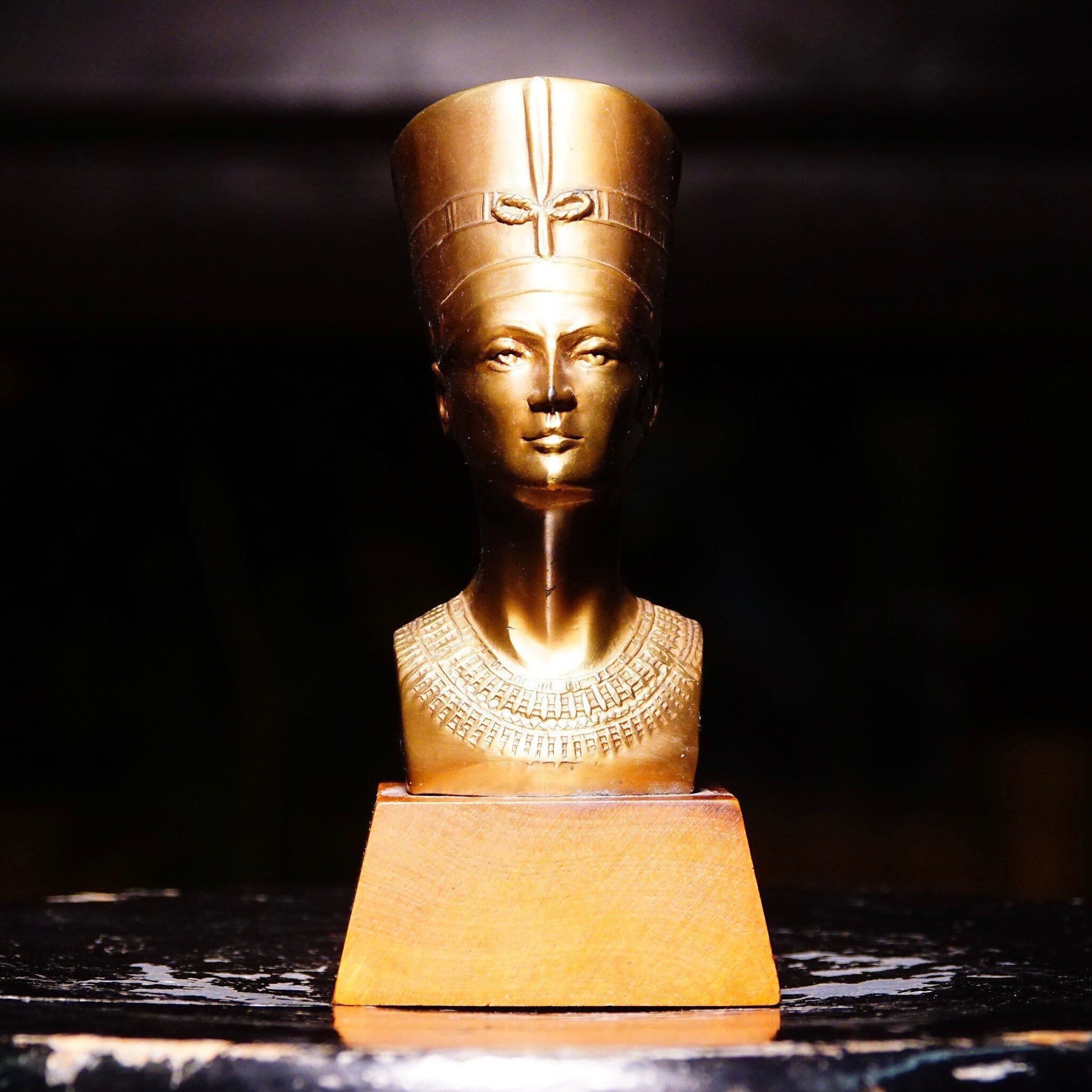 Vintage Egyptian Nefertiti Lacquered Brass Bust On Wood Base, Miniature Brass Figure Statue, Decorative Egyptian Tabletop Ornament, 5 1/2" H