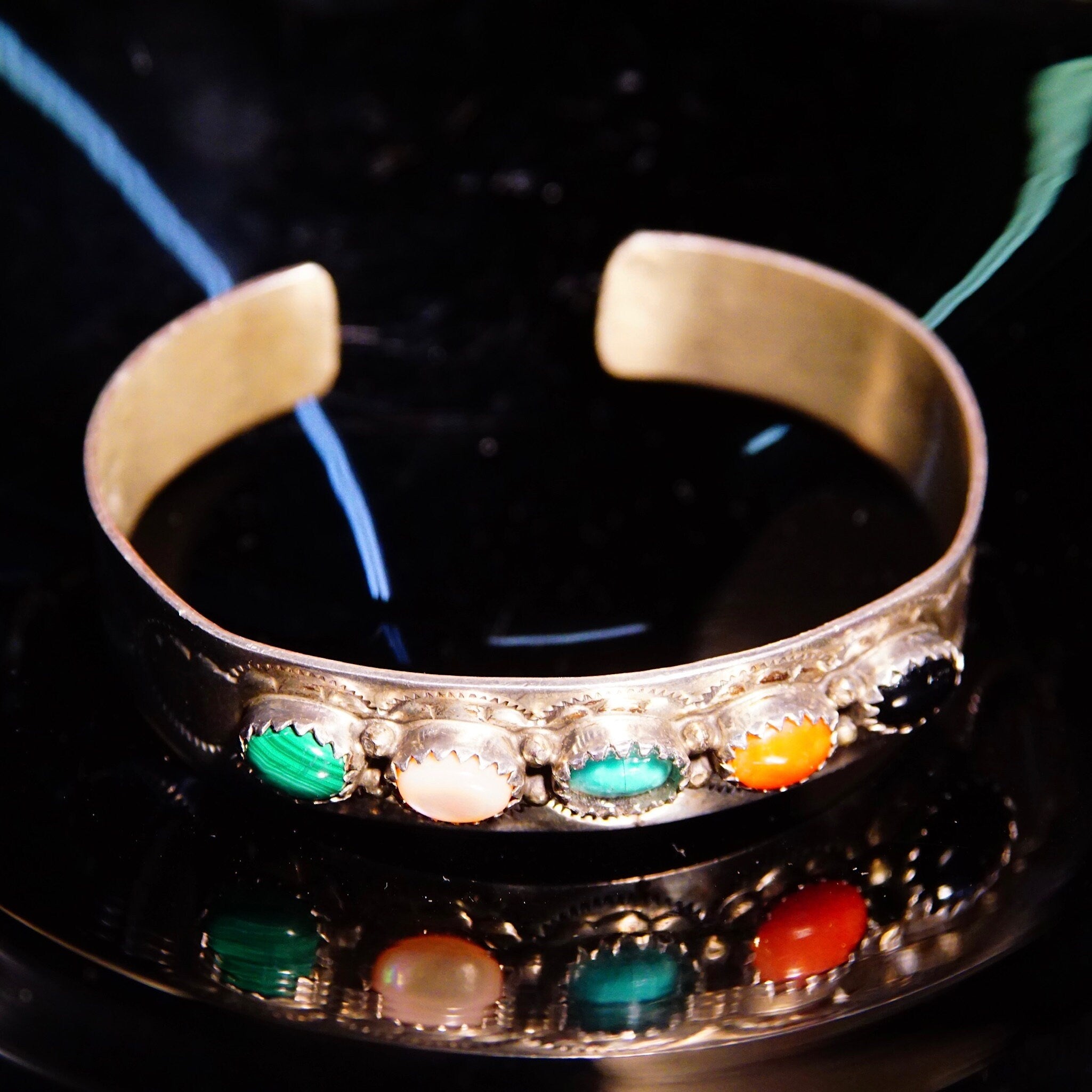 Vintage Signed S. Skeets Navajo Multi-Stone Hammered Sterling Silver Cuff , Malachite, Mother Of Pearl, Turquoise, Jasper & Onyx, 5 1/2" L