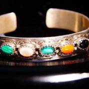 Vintage Signed S. Skeets Navajo Multi-Stone Hammered Sterling Silver Cuff , Malachite, Mother Of Pearl, Turquoise, Jasper & Onyx, 5 1/2" L