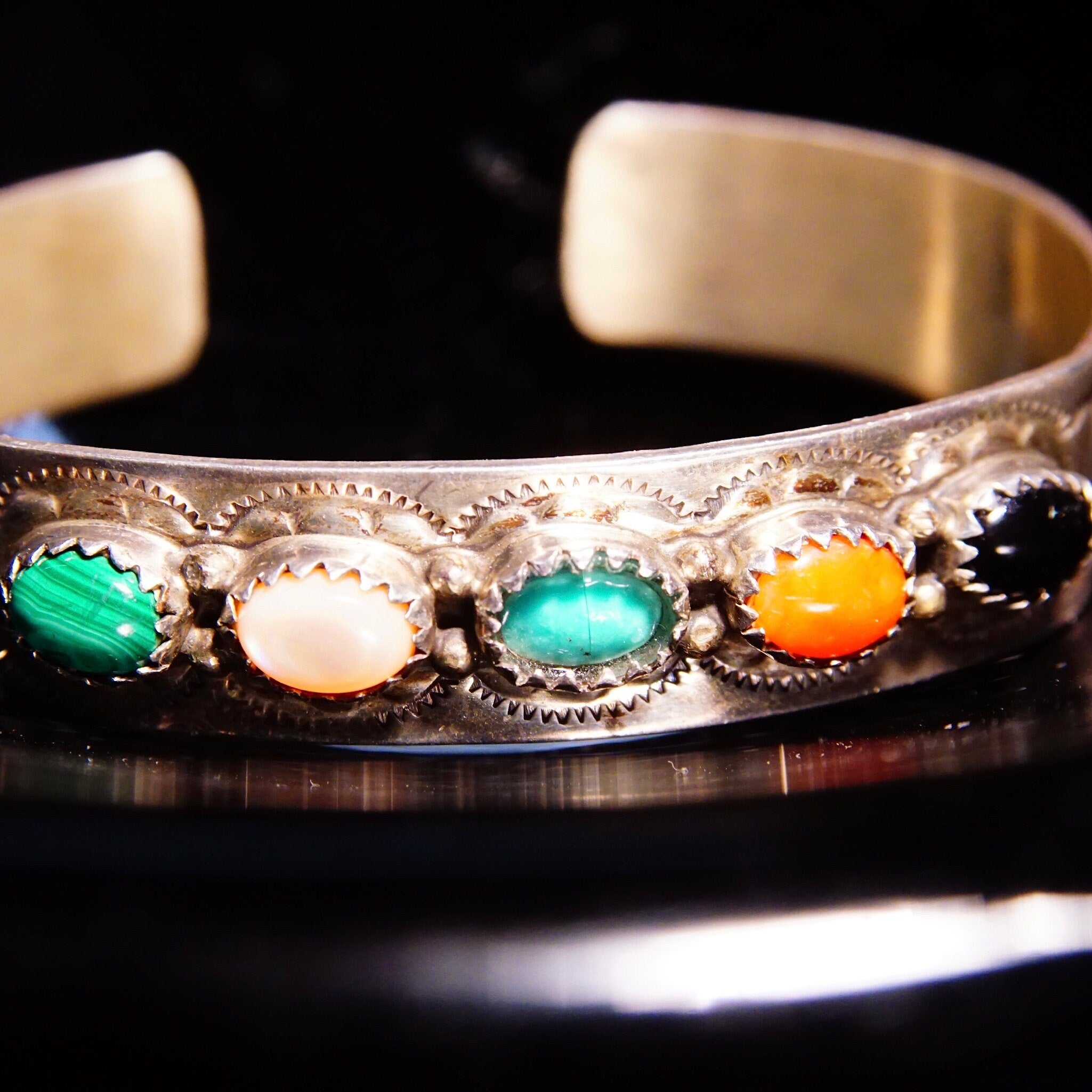 Vintage Signed S. Skeets Navajo Multi-Stone Hammered Sterling Silver Cuff , Malachite, Mother Of Pearl, Turquoise, Jasper & Onyx, 5 1/2" L