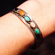 Vintage Signed S. Skeets Navajo Multi-Stone Hammered Sterling Silver Cuff , Malachite, Mother Of Pearl, Turquoise, Jasper & Onyx, 5 1/2" L