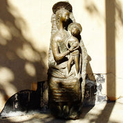 Vintage Signed Toni Furlan Mother Mary & Baby Jesus Bronze Sculpture, Italian Abstract Modernist Stylized Religious Statue, 36" H