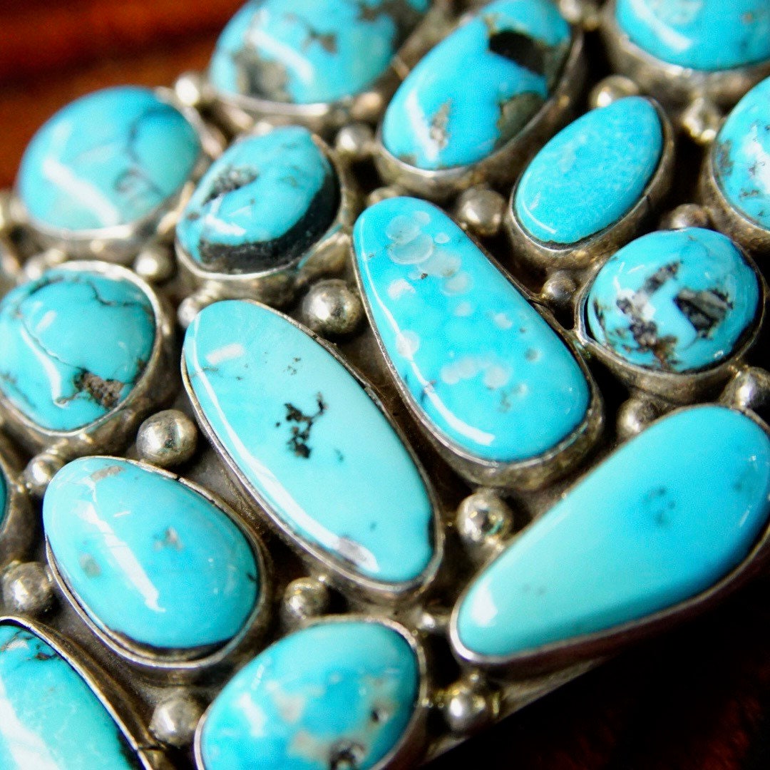 Vintage Signed BP Sterling Navajo Chunky Turquoise Cluster Belt Buckle, Rectangular Buckle Set With 19 Turquoise Stones, 2 1/2" W