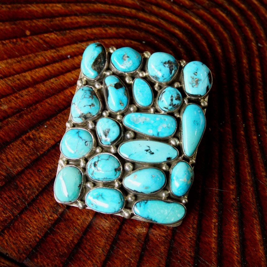Vintage Signed BP Sterling Navajo Chunky Turquoise Cluster Belt Buckle, Rectangular Buckle Set With 19 Turquoise Stones, 2 1/2" W