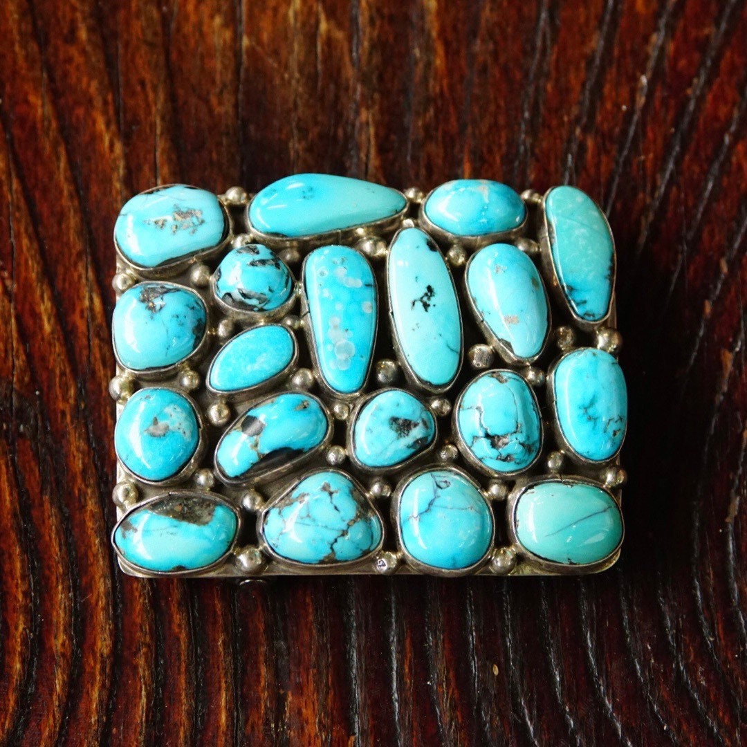 Vintage Signed BP Sterling Navajo Chunky Turquoise Cluster Belt Buckle, Rectangular Buckle Set With 19 Turquoise Stones, 2 1/2" W