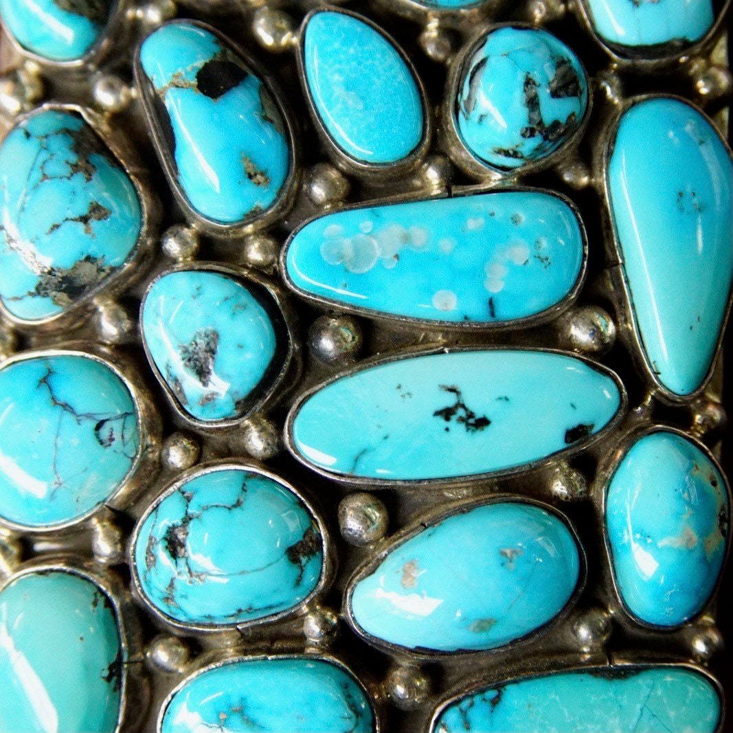 Vintage Signed BP Sterling Navajo Chunky Turquoise Cluster Belt Buckle, Rectangular Buckle Set With 19 Turquoise Stones, 2 1/2" W